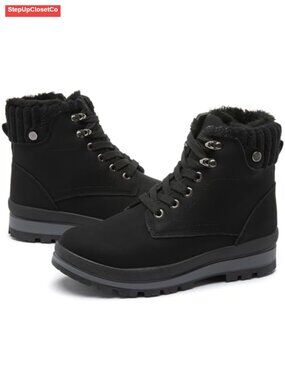 Waterproof Faux Leather Fuzzy Platform Combat Boots Faux Fur Lined